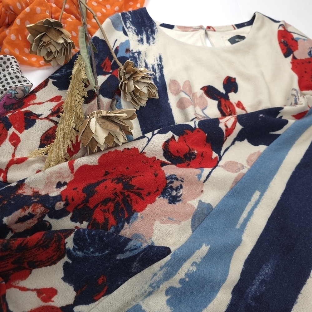 Maeve Anthropologie Blue Cream Floral Dress Sz L - Picture 8 of 13